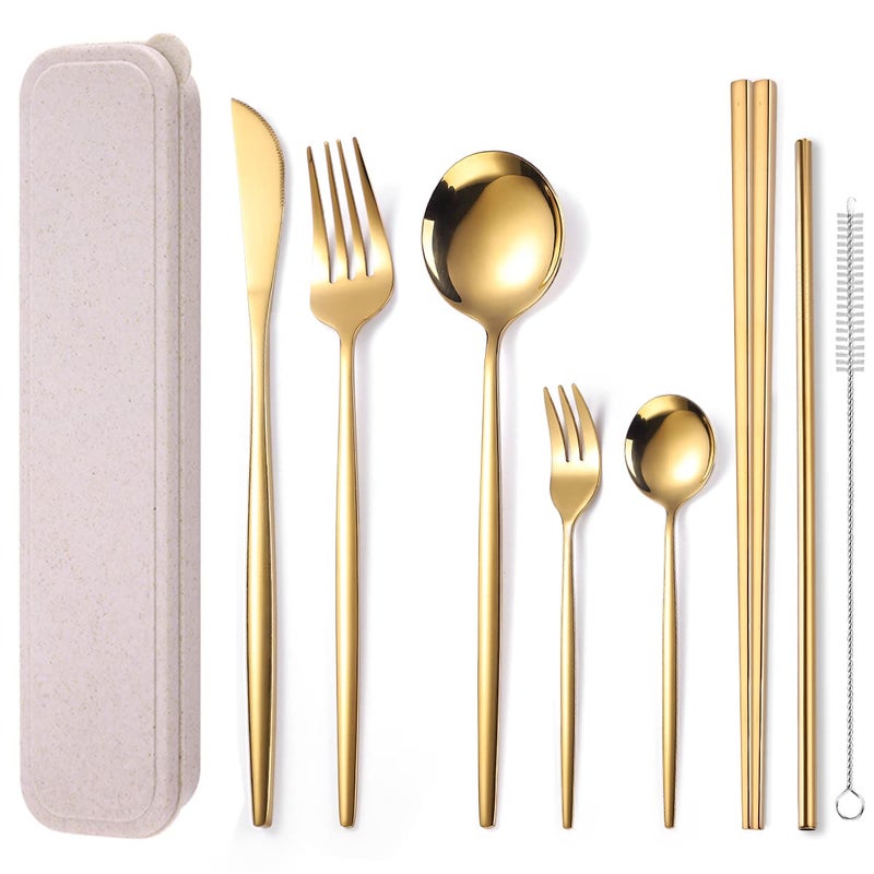 AARAINBOW 8 Pieces Stainless Steel Flatware Set Portable Reusable Cutlery Set Travel Utensils Set Including Chopsticks Knife Fork Spoon Straws Cleaning Brush Dishwasher Safe (Golden) - Image 1